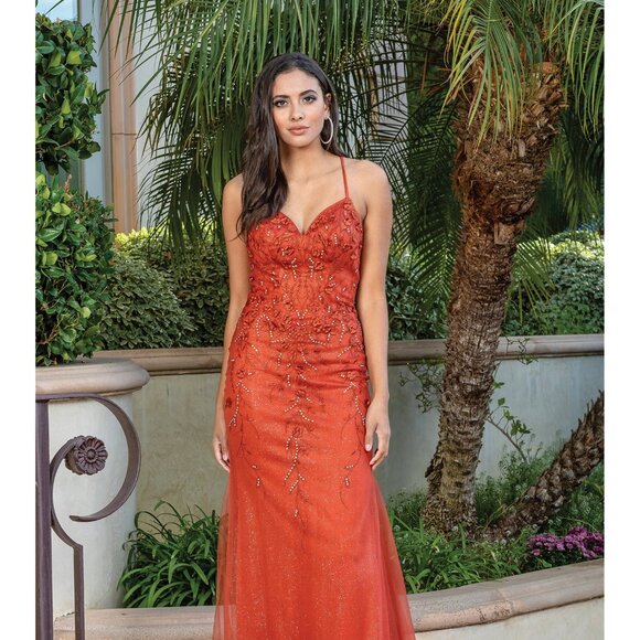 New Floral Lace Embellished Maxi Formal Dress w/ V-Neck & Lace Up Back DQ 4308 - Picture 7 of 9